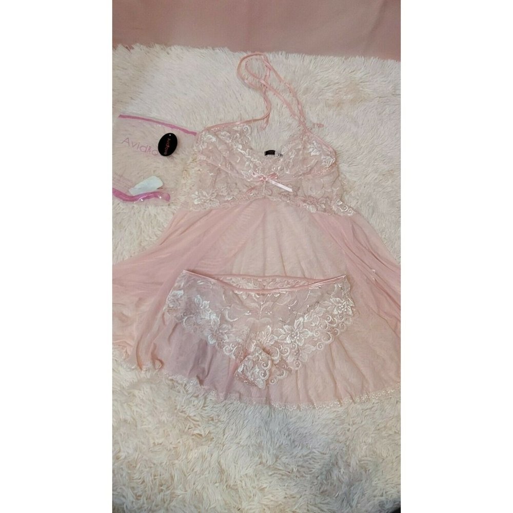 (2 Pieces) AVID LOVE Light Stretch Lace Chemise Nightie Lingerie Sleep  NEW